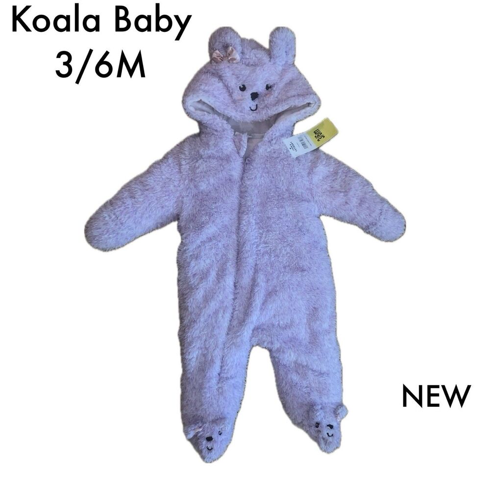 NWT Koala Baby Girls Purple Bear Plush Hooded Pram Suit Bunting 3-6 Months
